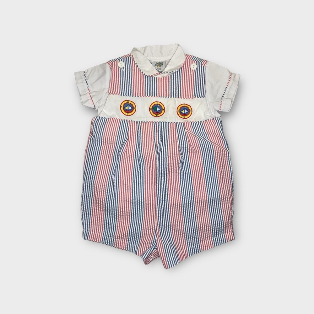 Cuties By Judy Vintage White Polo Top & Boat Patch Pinstripe Romper Outfit